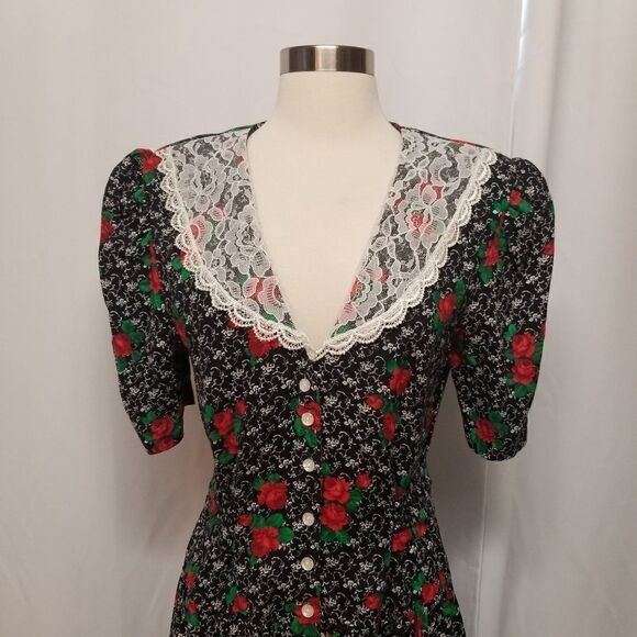 Vintage 80s Retro Gothic Floral Rose Lace Belted Button Front Midi Dress Md - Picture 4 of 8